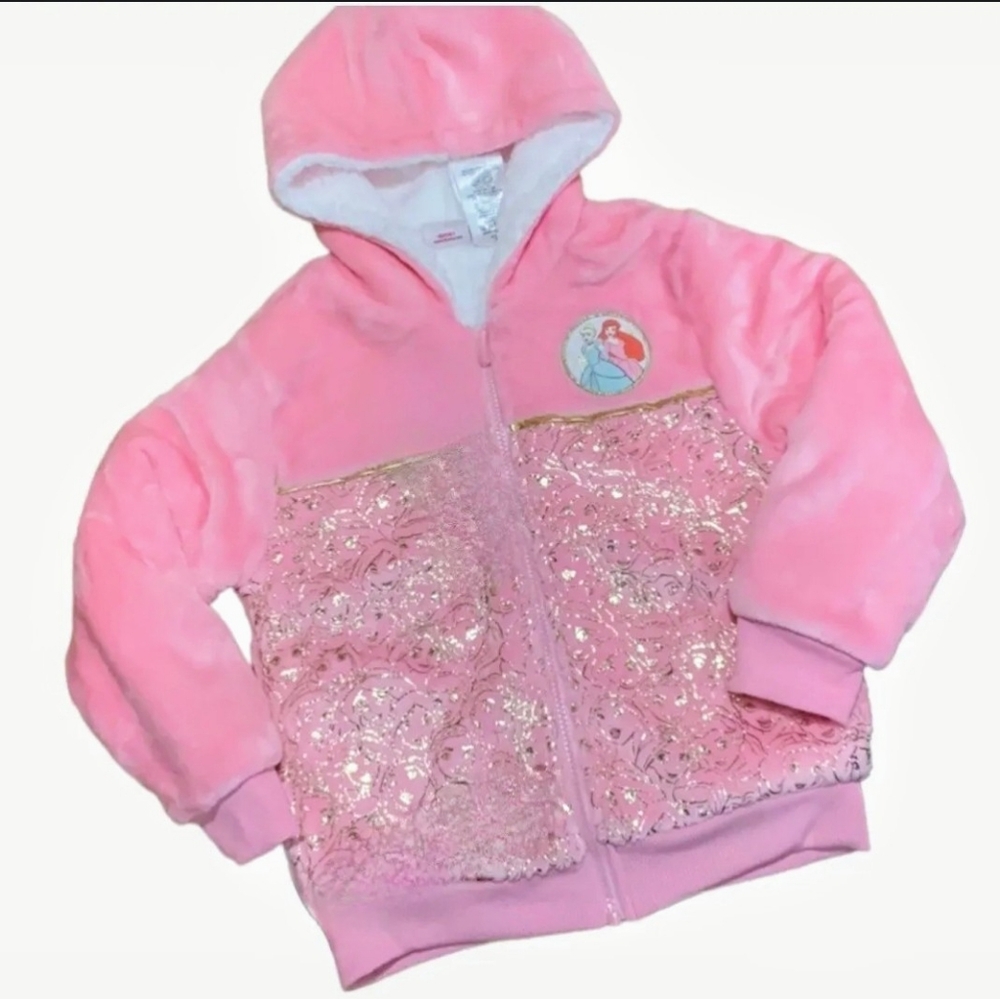 Girls 4T Disney Princess Plush Sherpa-Lined Hooded Coat Embroidered Patch Pink‎